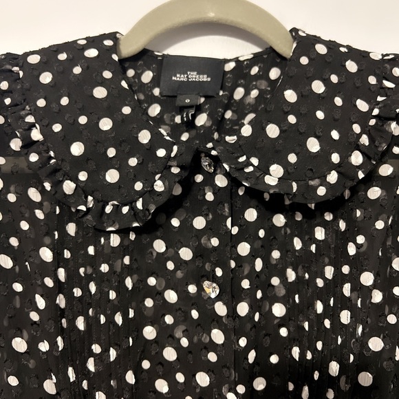 Marc Jacobs The Kat Polka-Dot Midi Chiffon Dress Crystal Heart Buttons Size 0 - Picture 4 of 13